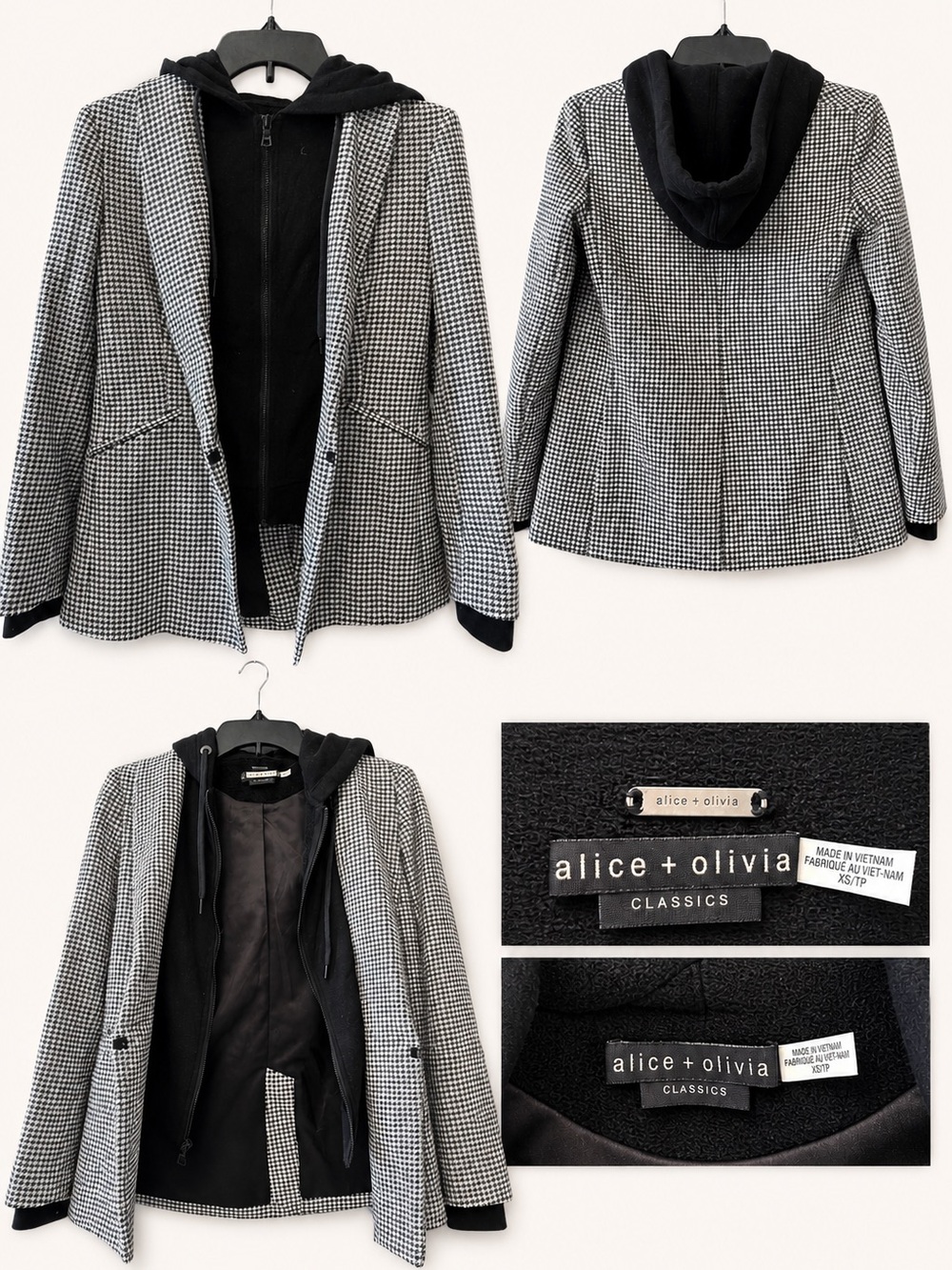 Alice + Olivia Black and White Houndstooth Blazer with Hooded Inner Layer